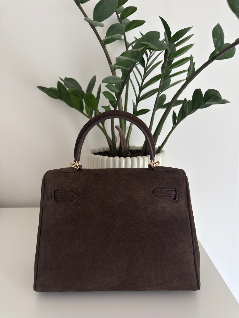 Kelly Inspired Genuine Suede Handbag Chocolate Brown - Picture 2 of 7